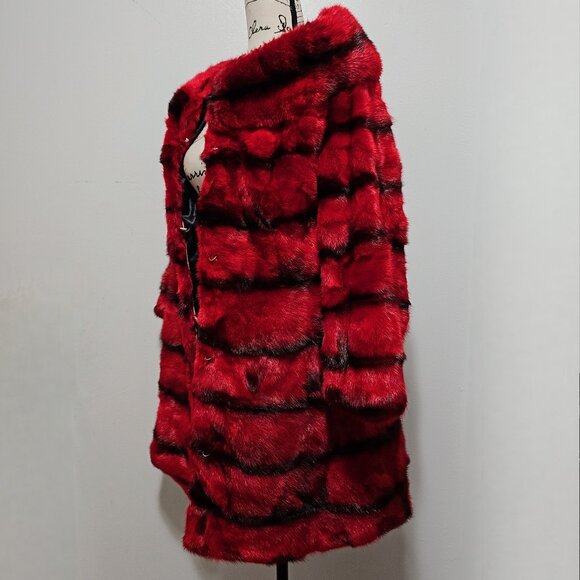 New Real Black Cross MINK Fur Overcoat Jacket Stroller Red Scarlet Panel Striped - Picture 3 of 7